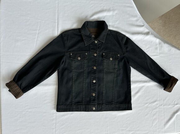 Chico's Denim Jacket Size 1 (8-10 Medium) Midnight Blue with Brown Rolled Cuffs - Picture 3 of 6